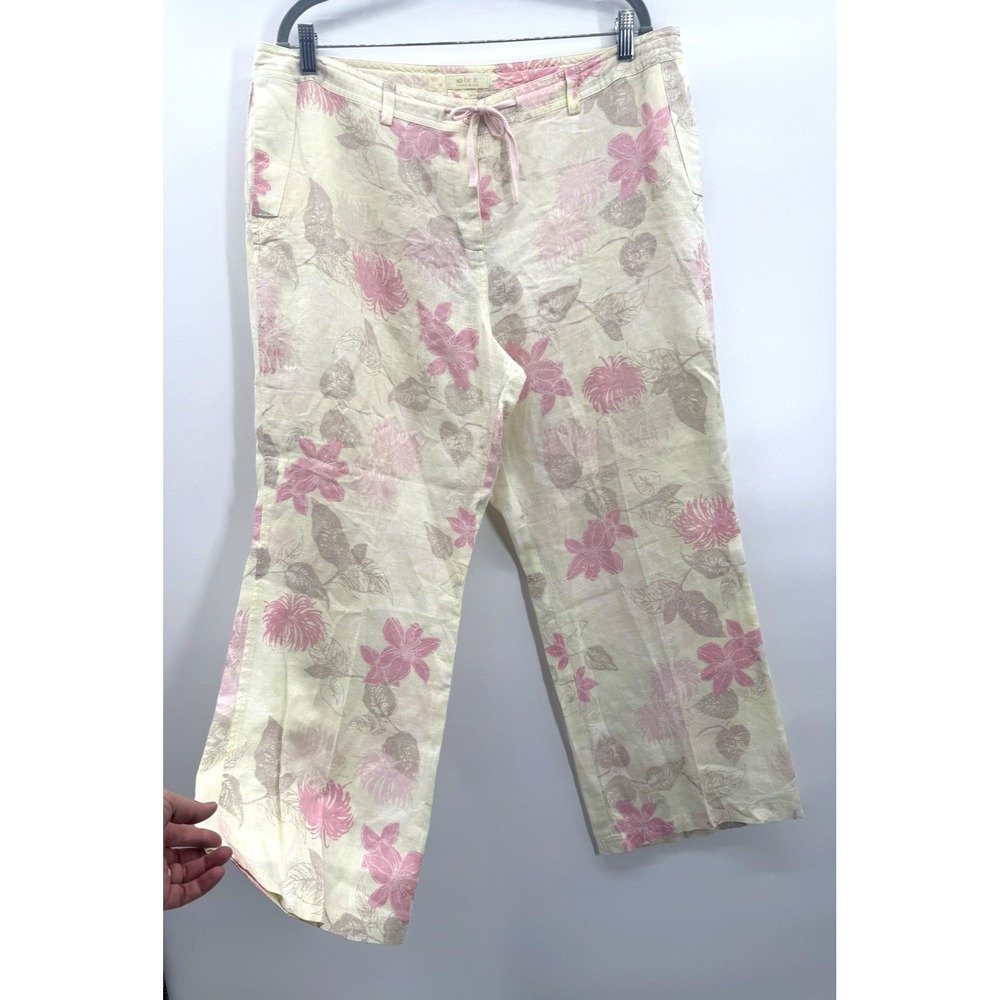 Sigrid Olsen Yellow Pink Floral 100% Linen Pant 14 Cropped Wide Leg Baggy Garden